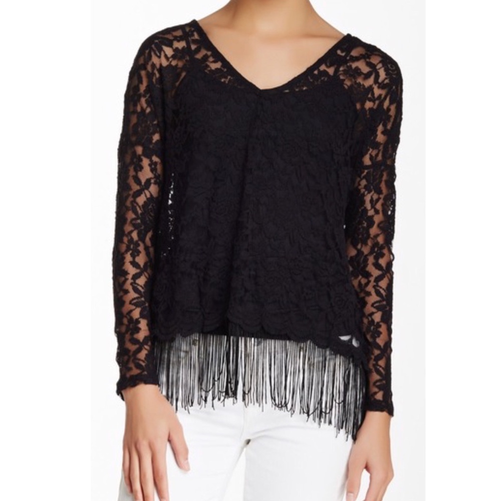 Black lace sheer long sleeve top with fringe hem Size S Whimsigoth Festival Boho